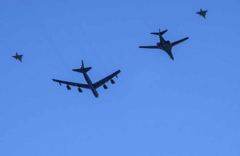 A B-1B Lancer and a B-52 Stratofortress, second left, escorted by Swedish Jas 39 Gripen, pass over Stockholm, Sweden, Wednesday March 6, 2024, as the Swedish armed forces conduct a joint exercise with the American Bomber Task Force. (Jonas Ekströmer/TT News Agency via AP)