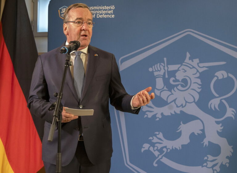 epa11206165 German Defence Minister Boris Pistorius speaks at a press conference after a meeting with Finland's Defence Minister Antti Hakkanen (not seen) in Helsinki, Finland, 08 March 2024. EPA/MAURI RATILAINEN