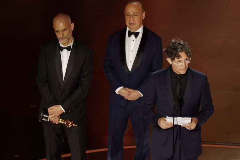 epa11212995 James Wilson (L) Leonard Blavatnik (C) and Jonathan Glazer (R) after winning the Oscar for the Best International Feature Film during the 96th annual Academy Awards ceremony at the Dolby Theatre in the Hollywood neighborhood of Los Angeles, California, USA, 10 March 2024. The Oscars are presented for outstanding individual or collective efforts in filmmaking in 23 categories. EPA/CAROLINE BREHMAN