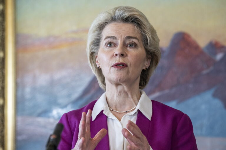 epa11222629 European Commission President Ursula von der Leyen speaks during a press conference as part of the opening of the new EU office in Nuuk, Greenland, 15 March 2024. The opening of the EU Office in Nuuk and in the wider Arctic region is part of the EU's Arctic strategy, according to the European Commission. EPA/LEIFF JOSEFSEN DENMARK OUT