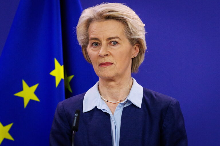 epa11231310 European Commission President Ursula von der Leyen speaks to the press as she receives Ukrainian Prime Minister Denys Shmyhal (not pictured) at the European Commission headquarters in Brussels, Belgium, 20 March 2024. EPA/OLIVIER MATTHYS