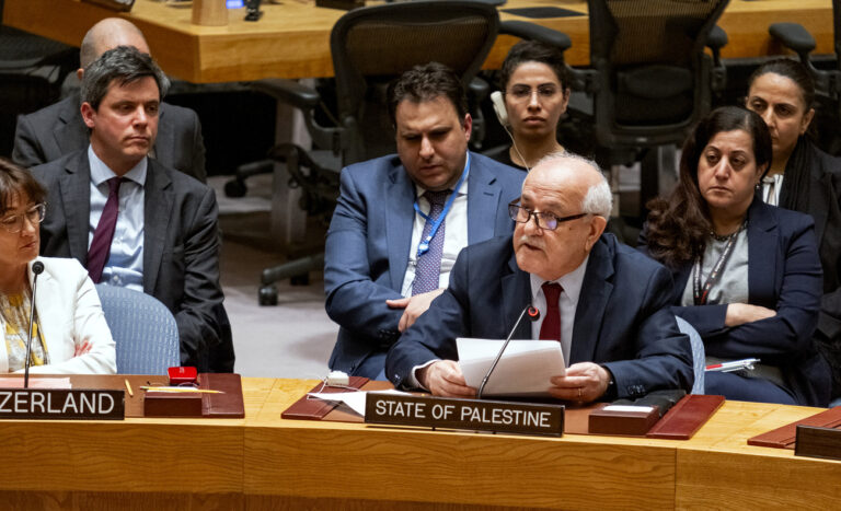Palestinian Ambassador to the United Nations Riyad Mansour addresses United Nations Security Council at U.N. headquarters, Monday, March 25, 2024, after a vote that passed a cease-fire resolution in Gaza during the Muslim holy month of Ramadan, its first demand to halt fighting. (AP Photo/Craig Ruttle)