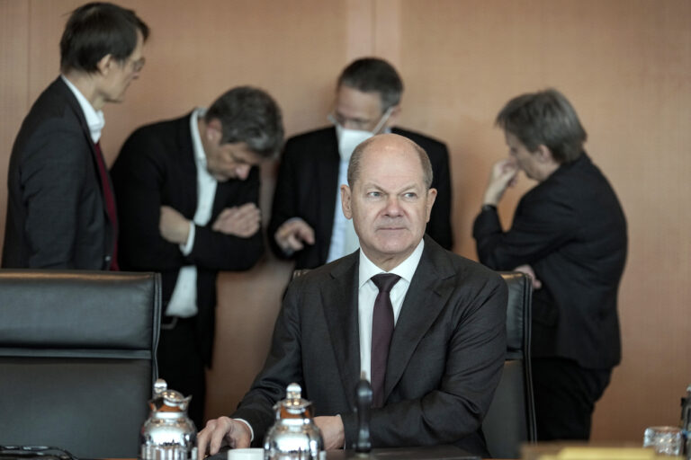 German Chancellor Olaf Scholz attends the cabinet meeting at the chancellery in Berlin, Germany, Wednesday, March 27, 2024. (AP Photo/Ebrahim Noroozi)