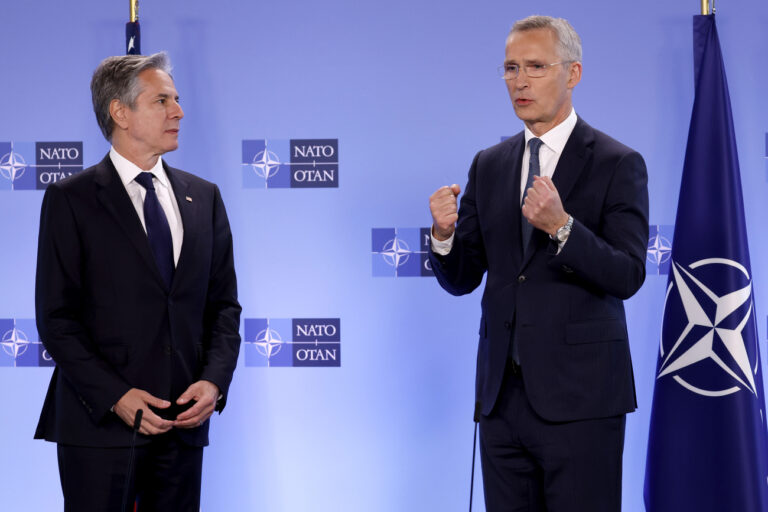NATO Secretary General Jens Stoltenberg, right, and United States Secretary of State Antony Blinken address the media during a meeting of NATO foreign ministers at NATO headquarters in Brussels, Wednesday, April 3, 2024. NATO foreign ministers gathered in Brussels on Wednesday to debate plans to provide more predictable, longer-term support to Ukraine. (AP Photo/Geert Vanden Wijngaert)