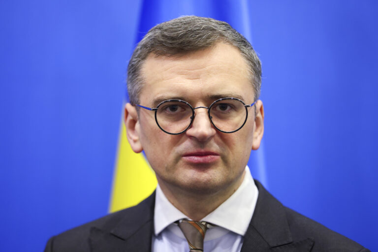 Ukraine's Foreign Minister Dmytro Kuleba addresses a group of journalists after a meeting of the NATO-Ukraine Council at NATO headquarters in Brussels, Thursday, April 4, 2024. (Johanna Geron, Pool Photo via AP)