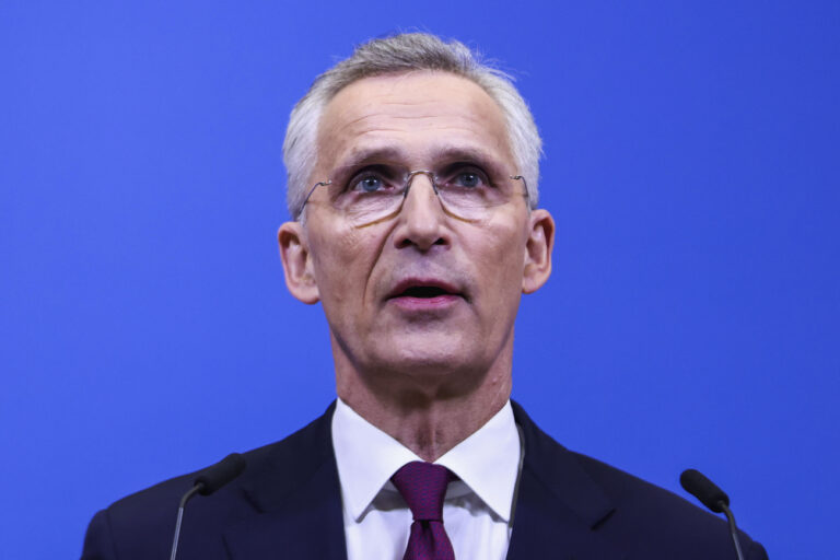 NATO Secretary General Jens Stoltenberg addresses a media conference after a meeting of NATO foreign ministers at NATO headquarters in Brussels, Thursday, April 4, 2024. (Johanna Geron, Pool Photo via AP)