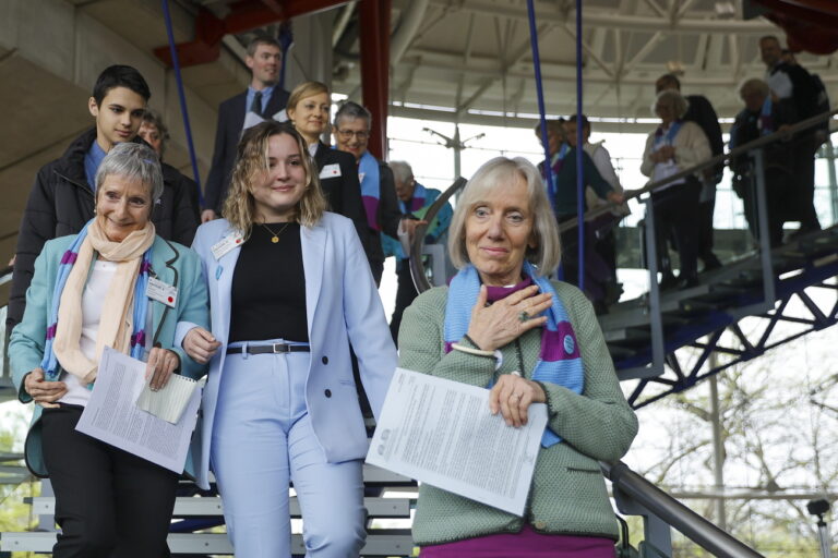 epa11266958 Activists of Climate Seniors from Switzerland celebrate as they leave the European Court of Human Rights (ECHR), after the judgement in a case against different European countries accused of climate inaction at the European court of Human Rights in Strasbourg, France, 09 April 2024. The Strasbourg-based court ECHR (European Court for Human Rights) has ruled on 09 April, in favour of Switzerland's Senior Women for Climate Protection, in a first ruling by an international court on climate change, condemning Switzerland for climate inaction for failure to meet past greenhouse gas reduction targets. The ECHR was asked to rule in a trio of cases brought by a French mayor, six Portuguese young people, and more than 2,000 members of Switzerland's Senior Women for Climate Protection. The ECHR judgments are not legally binding for all 46 of the European Council's member states, but could set a legal precedent against which future lawsuits would be judged. EPA/RONALD WITTEK