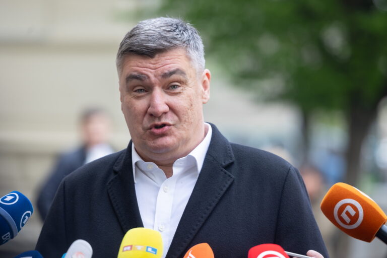 epa11283981 Croatian President Zoran Milanovic talks to media after casting his ballot during the Parliamentary elections in Zagreb, Croatia, 17 April 2024. Voters in the country are casting their ballots to elect 151 members of Sabor, the Parliament of Croatia. EPA/STRINGER