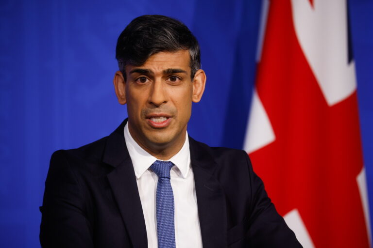 epa11293569 British Prime Minister Rishi Sunak speaks during a news conference on his flagship Rwanda migration policy, in London, Britain, 22 April 2024. Sunak seeks to push a bill through the Parliament that enables his flagship migration policy as the British prime minister seeks to regain momentum 10 days from a crucial set of local elections. EPA/JASON ALDEN / POOL