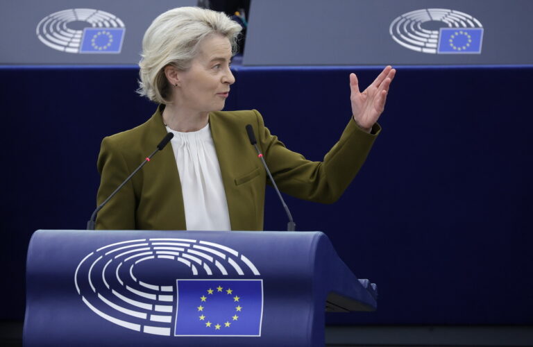 epa11297241 European Commission President Ursula von der Leyen delivers a speech during a formal sitting on the 20th anniversary of the 2004 EU Enlargement at the European Parliament in Strasbourg, France, 24 April 2024. The EU Parliament's current plenary session runs from 22 until 25 April 2024. EPA/RONALD WITTEK