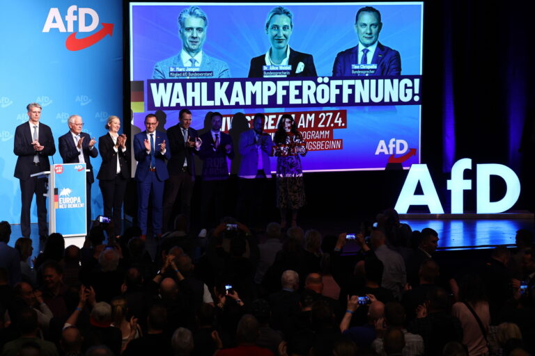 epa11304929 (L-R) Alternative for Germany (AfD) election candidate Dr. Marc Jongen, AfD member of the State Parliament of Baden-Wuerttemberg Emil Saenze, AfD party and faction co-chairwoman Alice Weidel, AfD party and faction co-chairman Tino Chrupalla applaud onstage during the AfD election campaign kick-off for the European elections in Donaueschingen, Germany, 27 April 2024. This year's European Parliament elections are scheduled across EU member states from 06 to 09 June. EPA/ANNA SZILAGYI
