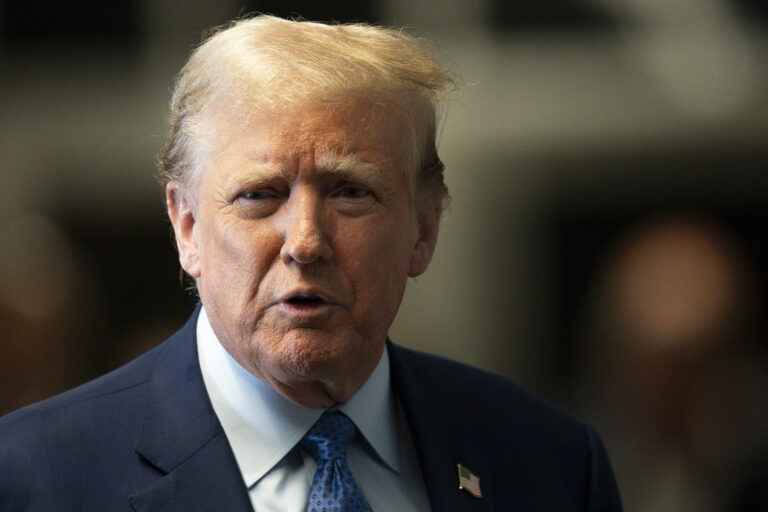 Former President Donald Trump speaks to reporters as he arrives for his trial at Manhattan Criminal Court, Thursday, May 9, 2024, in New York. (Steven Hirsch/New York Post via AP, Pool)