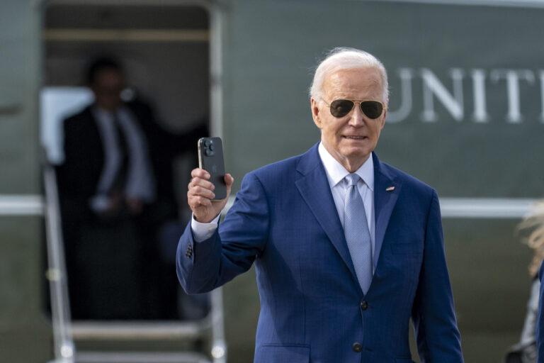 President Joe Biden waves as he walks to board Air Force One, Thursday, May 9, 2024, at Andrews Air Force Base, Md. Biden is headed to California. (AP Photo/Alex Brandon)