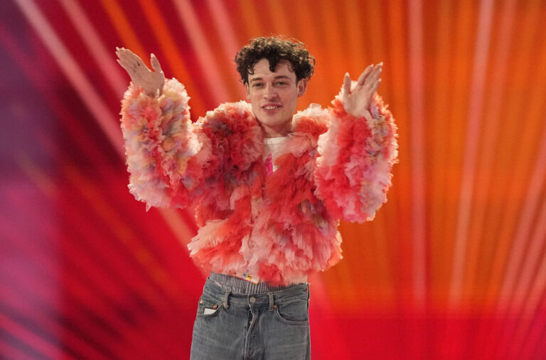 Nemo of Switzerland arrives on stage for the introducing of the artists during the dress rehearsal for the final at the Eurovision Song Contest in Malmo, Sweden, Friday, May 10, 2024. (AP Photo/Martin Meissner)