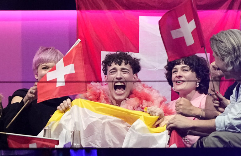 Nemo of Switzerland who performed the song The Code celebrates as the judges votes start to be announced during the Grand Final of the Eurovision Song Contest in Malmo, Sweden, Saturday, May 11, 2024. (AP Photo/Martin Meissner)