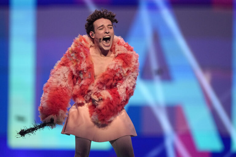 Nemo of Switzerland, who performed the song The Code, celebrates after winning the Grand Final of the Eurovision Song Contest in Malmo, Sweden, Sunday, May 12, 2024. (AP Photo/Martin Meissner)