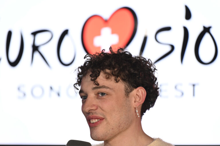 Swiss Singer Nemo, winner of the 68th edition of the Eurovision Song Contest (ESC), speaks during a press conference after arriving in Zurich, Switzerland, Sunday, May 12, 2024.(KEYSTONE/Walter Bieri) .