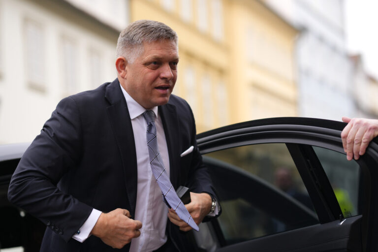 FILE - Slovakia's Prime Minister Robert Fico arrives for the V4 meeting in Prague, Czech Republic, Tuesday, Feb. 27, 2024. Media reports say on Wednesday, May 15, 2024 that Slovakia's populist Prime Minister Robert Fico was injured in a shooting and taken to hospital. (AP Photo/Petr David Josek, File)