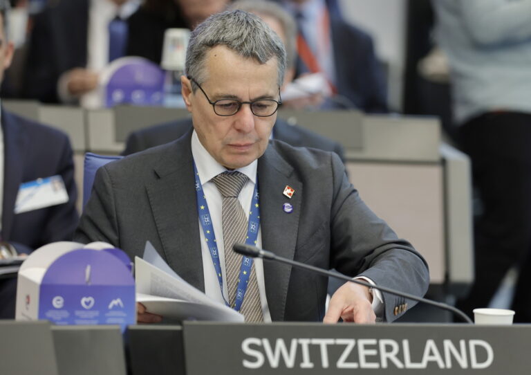 epa11347176 The Federal Councillor of Switzerland, Ignazio Cassis, checks documents as he attends a Council of Europe Foreign Ministers meeting at the European Palace in Strasbourg, France, 17 May 2024. The meeting on 16 and 17 May celebrates the 75th anniversary of the Council of Europe and its members are expected to declare the council's 'response to the full-scale aggression of the Russian Federation against Ukraine' and to report on the follow-up to the 'Reykjavík Declaration' from November 2023, according to the Council's agenda. EPA/RONALD WITTEK