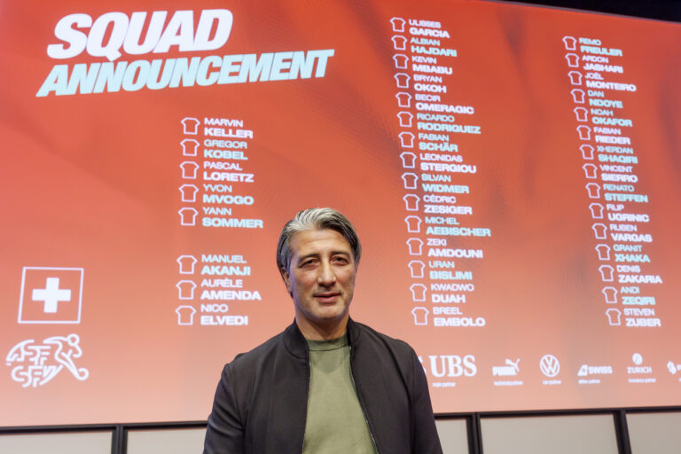 Switzerland's coach Murat Yakin pose for photographers after he announces the list of players for the Swiss squad for the upcoming UEFA Euro 2024 Germany football tournament at the Olympic museum, in Lausanne, Switzerland, Friday, May 17, 2024. (KEYSTONE/Salvatore Di Nolfi)