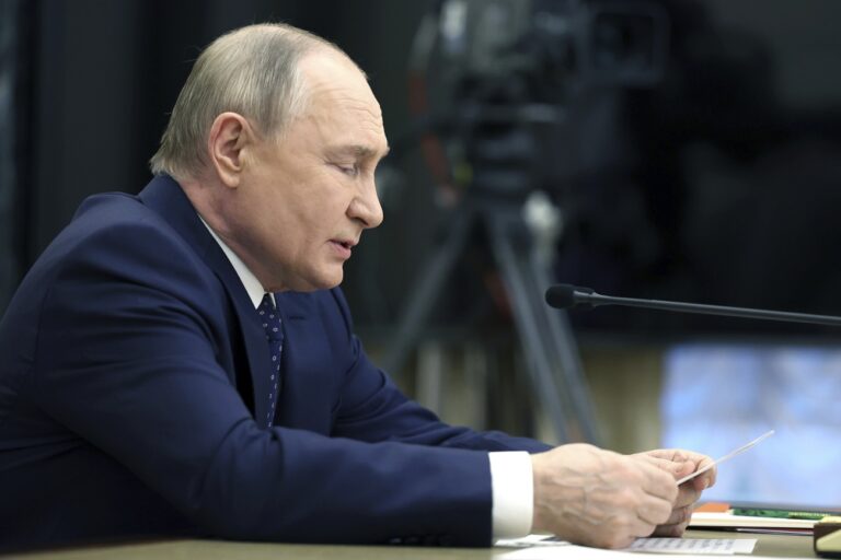 Russian President Vladimir Putin speaks during a meeting on development of the Russia's fuel and energy industry at the Kremlin in Moscow, Russia, Monday, May 20, 2024. (Alexander Kazakov, Sputnik, Kremlin Pool Photo via AP)