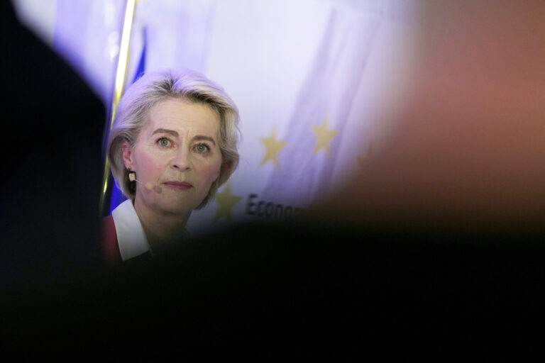 Lead candidate for The European People's Party Ursula von der Leyen speaks during the Economic Choices for Europe: EU leadership debate 2024 at the Square meeting center, Brussels, Tuesday, May 21, 2024. (AP Photo/Virginia Mayo)