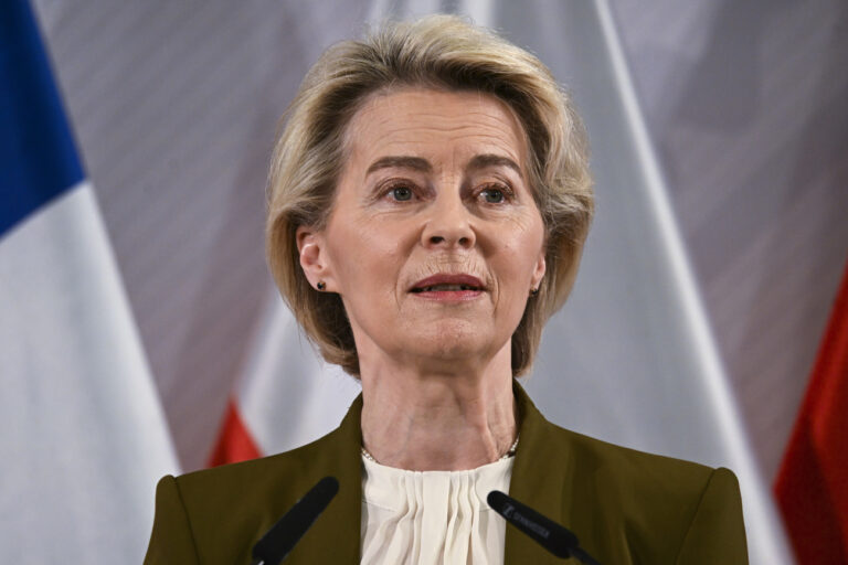 European Commission President Ursula von der Leyen speaks in the ballroom of Muenster Town Hall, in Muenster, Germany, Tuesday May 28, 2024, where French President Emmanuel Macron will be awarded the International Peace of Westphalia Prize. (Jana Rodenbusch/Pool Photo via AP)