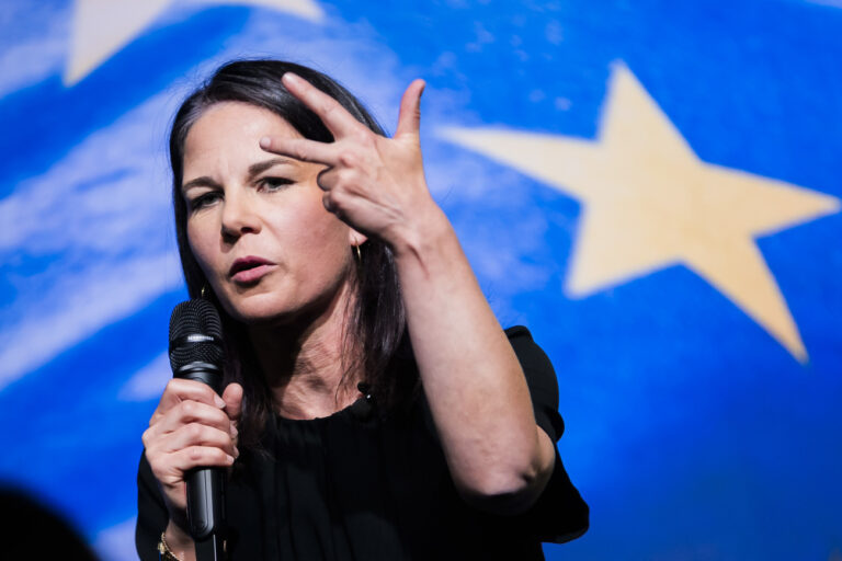 29.05.2024, Brandenburg, Potsdam: Annalena Baerbock (Bündnis 90/Die Grünen), Außenministerin, spricht bei einer Wahlkampfveranstaltung der Grünen zur Europawahl 2024. Foto: Christoph Soeder/dpa +++ dpa-Bildfunk +++ (KEYSTONE/DPA/Christoph Soeder)