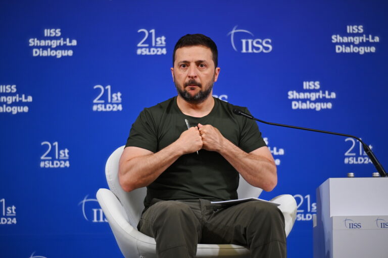 epa11385110 Ukraine's President Volodymyr Zelensky gestures as he speaks during a press conference on the sideline of the International Institute for Strategic Studies (IISS) 21th Shangri-La Dialogue in Singapore, 02 June 2024. Zelensky is in Singapore to attend the IISS Shangri-la Dialogue, an annual high level defence summit in the Asia Pacific region. EPA/SHINTARO TAY/THE STRAITS TIMES SINGAPORE OUT