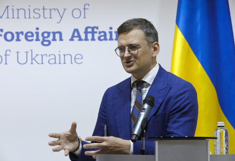 epa11387324 Ukrainian Foreign Minister Dmytro Kuleba addresses a joint press conference with the Estonian foreign minister after their meeting in Kyiv (Kiev), Ukraine, 03 June 2024. The Estonian foreign minister arrived in Kyiv to meet with top Ukrainian officials amid the ongoing Russian invasion. EPA/SERGEY DOLZHENKO