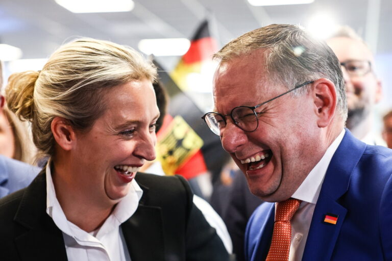 epa11400435 Alternative for Germany (AfD) right-wing political party co-chairman Tino Chrupalla (R) and Alternative for Germany (AfD) right-wing political party deputy chairwoman Alice Weidel (L) celebrate during the Alternative for Germany (AfD) election event in Berlin, Germany, 09 June 2024. The European Parliament elections take place across EU member states from 06 to 09 June 2024, with the European elections in Germany being held on 09 June. EPA/FILIP SINGER