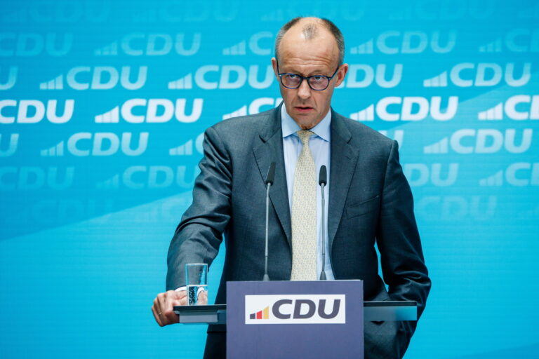 epa11402190 Chairman of the Christian Democratic Union (CDU) party and faction Friedrich Merz speaks during a press conference at the party's headquarters in Berlin, Germany, 10 June 2024. The European Parliament elections took place across EU member states from 06 to 09 June 2024. The elections in Germany were held on 09 June. EPA/CLEMENS BILAN