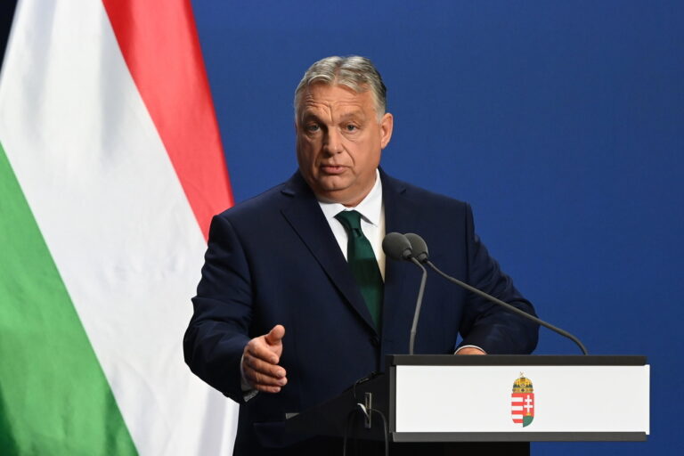 epa11405286 Hungarian Prime Minister Viktor Orban speaks during a joint press conference with NATO Secretary General Jens Stoltenberg (not pictured) following their meeting at the government headquarters in Budapest, Hungary, 12 June 2024. EPA/ZOLTAN MATHE HUNGARY OUT