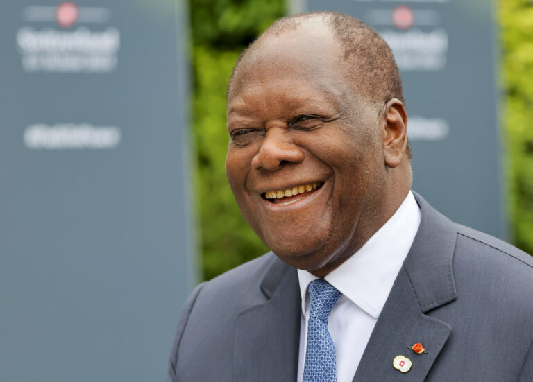 Ivorian President Alassane Ouattara reacts on the day of the opening ceremony of the Summit on Peace in Ukraine at the Buergenstock Resort in Stansstad near Lucerne, Switzerland, June 15, 2024. (KEYSTONE/REUTERS/Pool/Denis Balibouse)