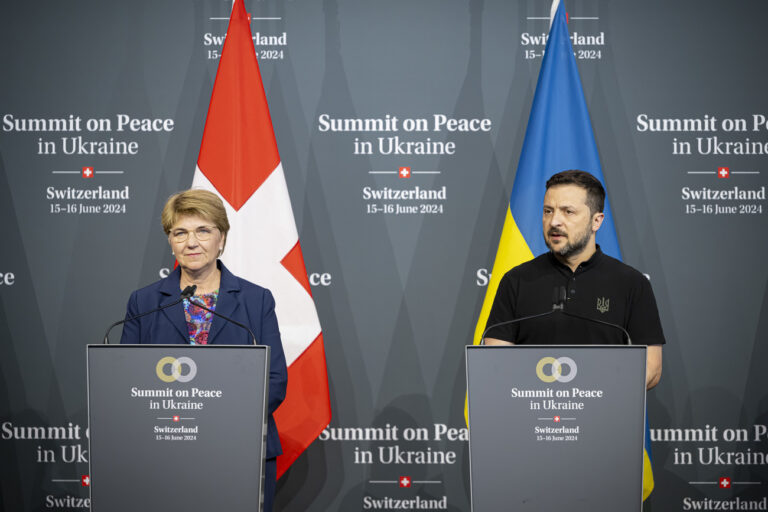 Swiss Federal President Viola Amherd (left) and President Volodymyr Zelenskyy of Ukraine (right) attend the closing press conference of the Summit on peace in Ukraine, in Stansstad near Lucerne, Switzerland, Sunday, June 16, 2024. Heads of state from around the world gather on the Buergenstock Resort in central Switzerland for the Summit on Peace in Ukraine, on June 15 and 16. (KEYSTONE/EDA/POOL/Urs Flueeler)