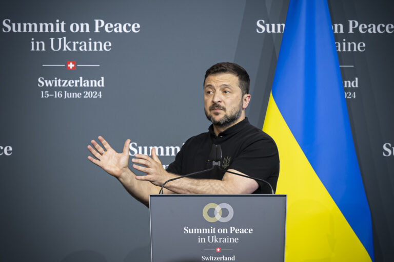 President Volodymyr Zelenskyy of Ukraine speaks during the Ukrainian closing press conference of the Summit on peace in Ukraine, in Stansstad near Lucerne, Switzerland, Sunday, June 16, 2024. Heads of state from around the world gather on the Buergenstock Resort in central Switzerland for the Summit on Peace in Ukraine, on June 15 and 16. (KEYSTONE/EDA/POOL/Urs Flueeler)