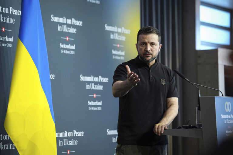 Ukraine's President Volodymyr Zelenskyy speaks during a press conference at the Ukraine peace summit in Obbürgen, Switzerland, Sunday, June 16, 2024. Switzerland is hosting scores of world leaders this weekend to try to map out the first steps toward peace in Ukraine. (AP Photo/Laurent Cipriani)