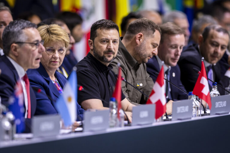 Ukrainian President Volodymyr Zelenskyy, center, looks on next to Swiss Federal Councillor Ignazio Cassis, Swiss Federal President Viola Amherd, Ukraine Head of the presidential Office of Ukraine Andriy Yermak, US security advisor Jake Sullivan, from left, during the plenary session, during the Summit on peace in Ukraine, in Stansstad near Lucerne, Switzerland, Sunday, June 16, 2024. Heads of state from around the world gather on the Buergenstock Resort in central Switzerland for the Summit on Peace in Ukraine, on June 15 and 16. (KEYSTONE/EDA/POOL/Michael Buholzer)