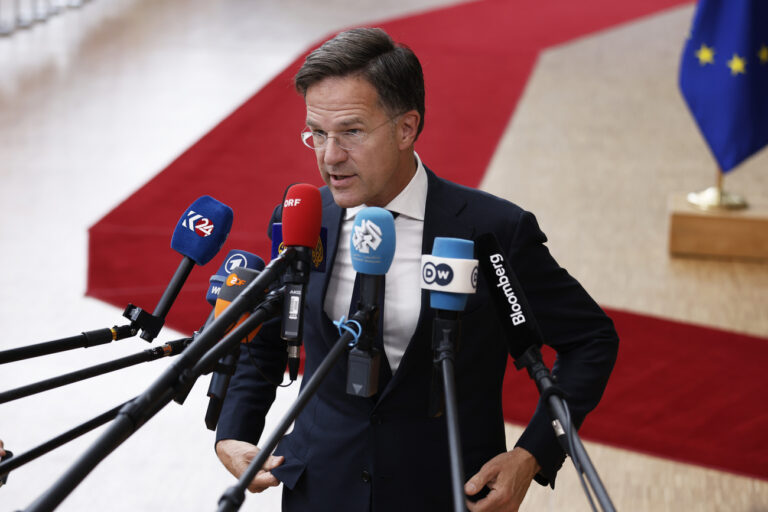 Netherland's Prime Minister Mark Rutte speaks with the media as he arrives for an EU summit at the European Council in Brussels, Monday, June 17, 2024. The 27 leaders of the European Union gather in Brussels on Monday evening to take stock of recent European election results and begin the fraught process of dividing up the bloc's top jobs, but they will be playing their usual political game with a deck of reshuffled cards. (AP Photo/Omar Havana)