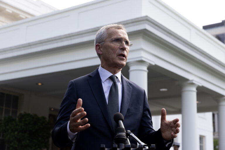 epa11419017 NATO Secretary General Jens Stoltenberg speaks to members of the news media outside the West Wing of the White House following a meeting in the Oval Office with US President Joe Biden (Not Pictured) in Washington, DC, USA, 17 June 2024. US President Joe Biden met with NATO Secretary General Jens Stoltenberg to discuss the ongoing situation in Ukraine and other regional security issues. The 75th anniversary of the NATO alliance will be celebrated at the next NATO Summit, which will be held in Washington, DC, 09-11 July, 2024. EPA/MICHAEL REYNOLDS