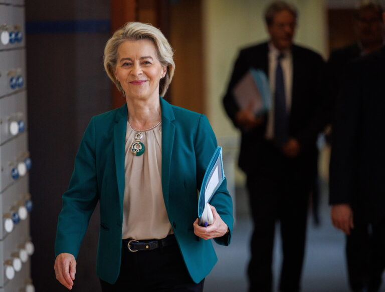 epa11421707 President of the European Commission Ursula von der Leyen arrives at the European weekly Commission college meeting in Brussels, Belgium, 19 June 2024. The Commissioners Meeting will be followed by a press conference on the 2024 European Semester Spring package. EPA/OLIVIER MATTHYS