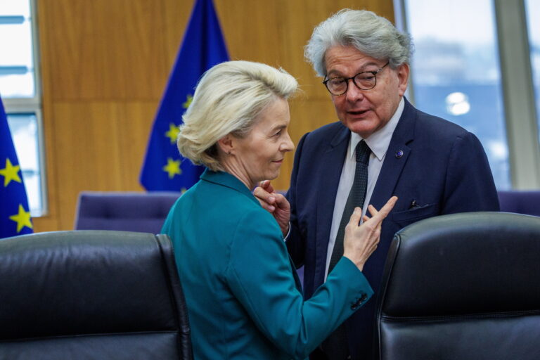 epa11421729 President of the European Commission Ursula von der Leyen (L) and European Commissioner for Internal Market Thierry Breton attend the European weekly Commission college meeting in Brussels, Belgium, 19 June 2024. The Commissioners Meeting will be followed by a press conference on the 2024 European Semester Spring package. EPA/OLIVIER MATTHYS