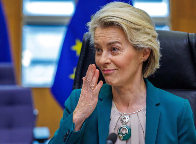 epa11421743 President of the European Commission Ursula von der Leyen reacts prior the beginning of the European weekly Commission college meeting in Brussels, Belgium, 19 June 2024. The Commissioners Meeting will be followed by a press conference on the 2024 European Semester Spring package. EPA/OLIVIER MATTHYS
