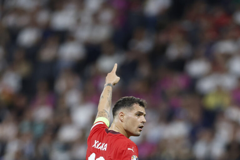 Switzerland's Granit Xhaka during a Group A match between Switzerland and Germany at the Euro 2024 soccer tournament in Frankfurt am Main, Germany, Sunday, June 23, 2024. (KEYSTONE/Peter Klaunzer)