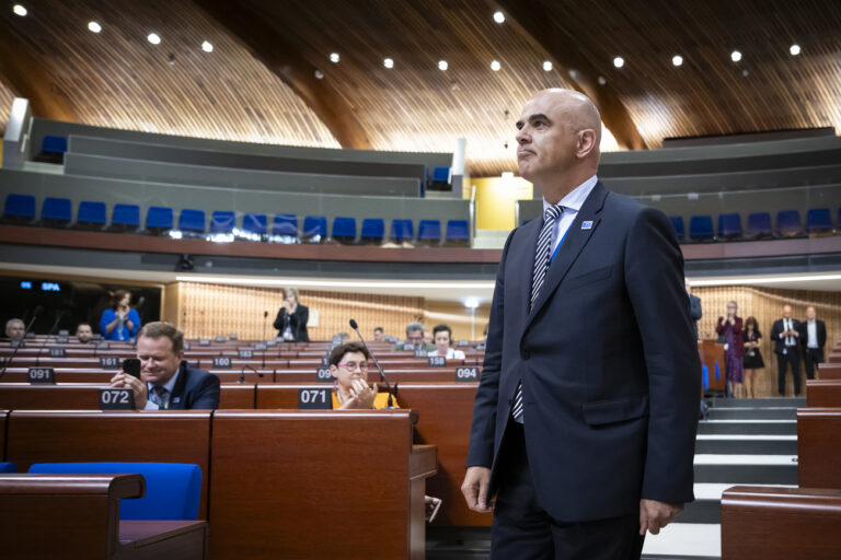 New elected Secretary General of the Council of Europe Switzerland's Alain Berset reacts after his election, in the Assembly Chamber of the Palace of Europe (Palais de l'Europe), during the third part of the 2024 Ordinary Session of the Parliamentary Assembly of the Council of Europe (PACE), in Strasbourg, France, Tuesday, June 25, 2024. Swiss candidate Alain Berset was elected in the 2nd round for the post of Secretary General of the Council of Europe. The Parliamentary Assembly of the Council of Europe elects the new secretary general of the council of Europe to succeed Marija Pejcinovic Buric. He will take up his duties on 18 September 2024. (KEYSTONE/Anthony Anex)