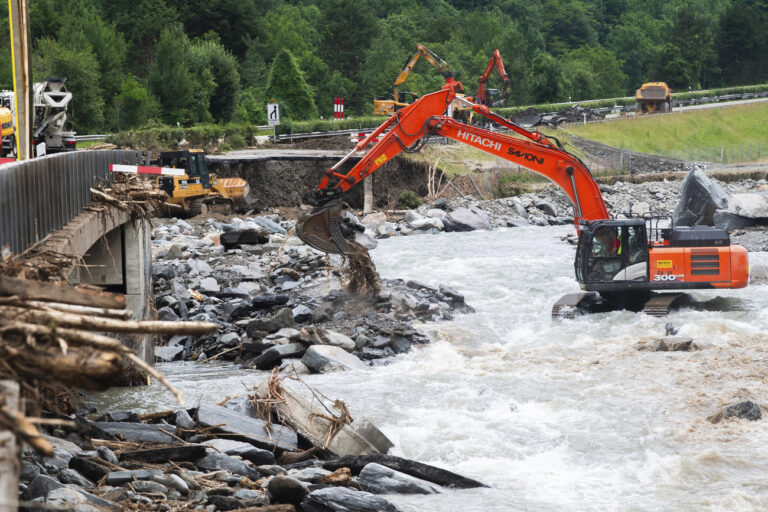 Repair works of the A13 construction site after the storm in Lostallo, southern Switzerland on Wednesday, June 26, 2024. Massive thunderstorms and rainfall led to a flooding situation with large-scale landslides on Friday evening in the Misox valley, south-eastern Switzerland. (Samuel Golay/Keystone via AP)
