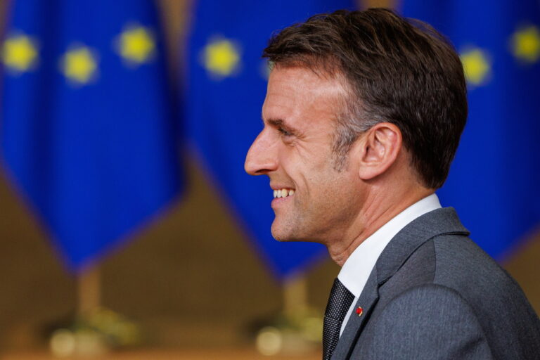 epa11442333 French President Emmanuel Macron during a doorstep interview after a European Council in Brussels, Belgium, 28 June 2024. EU leaders are gathering in Brussels for a two-day summit to discuss the Strategic Agenda 2024-2029, the next institutional cycle, Ukraine, the Middle East, competitiveness, security and defense, among other topics. EPA/OLIVIER MATTHYS