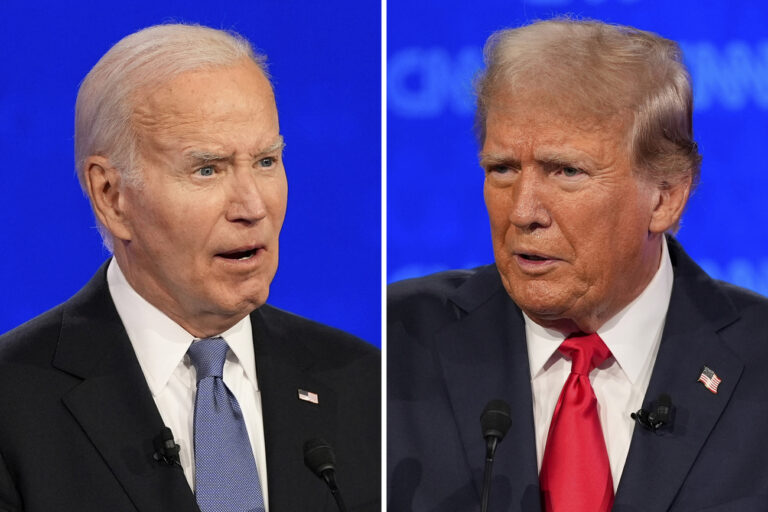 This combination of photos shows President Joe Biden, left, and Republican presidential candidate former President Donald Trump during a presidential debate hosted by CNN, Thursday, June 27, 2024, in Atlanta. (AP Photo/Gerald Herbert)