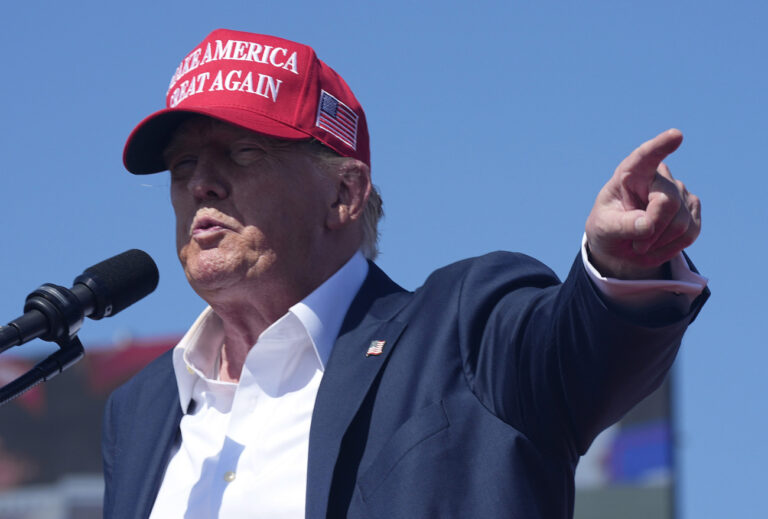 Republican presidential candidate former President Donald Trump speaks at a campaign rally in Chesapeake, Va., Friday, June 28, 2024. (AP Photo/Steve Helber)