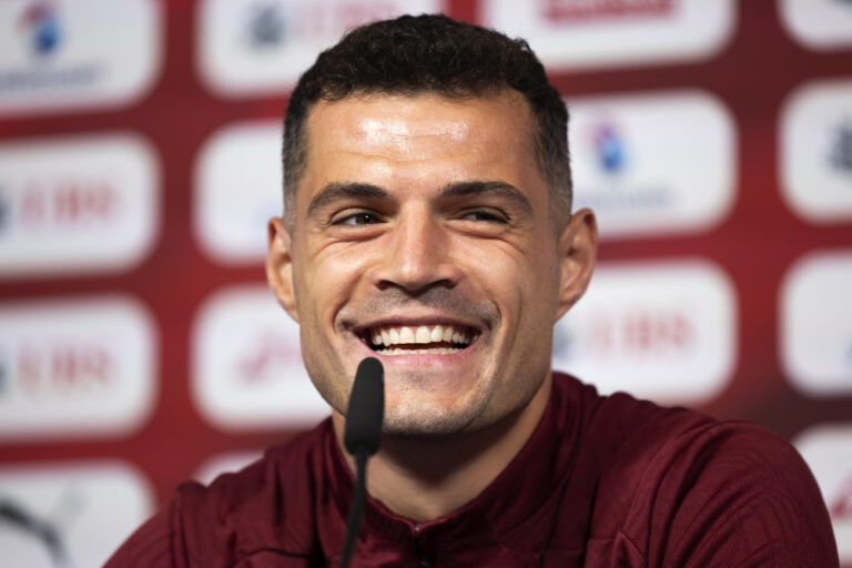 Switzerland's captain Granit Xhaka answers questions during a press conference at the 